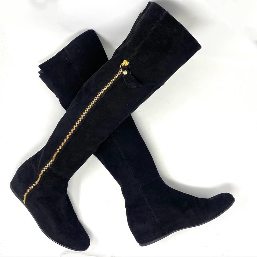 Stuart Weitzman for Russel Bromley Black Suede Wedge Gold Zipper Knee Boots